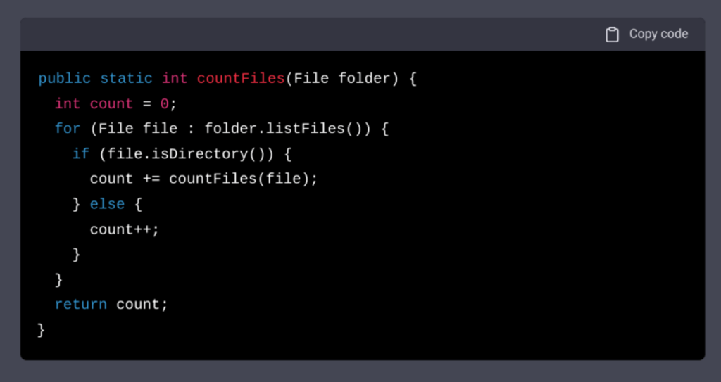 Draft me a recursive function to count files in a folder using Java.